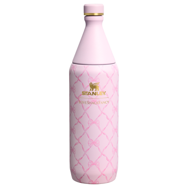 Stanley 1913 Stanley 1913 x LoveShackFancy Holiday All Day Slim Bottle 34 OZ in Baby Bow Pink Peppermint | Front View