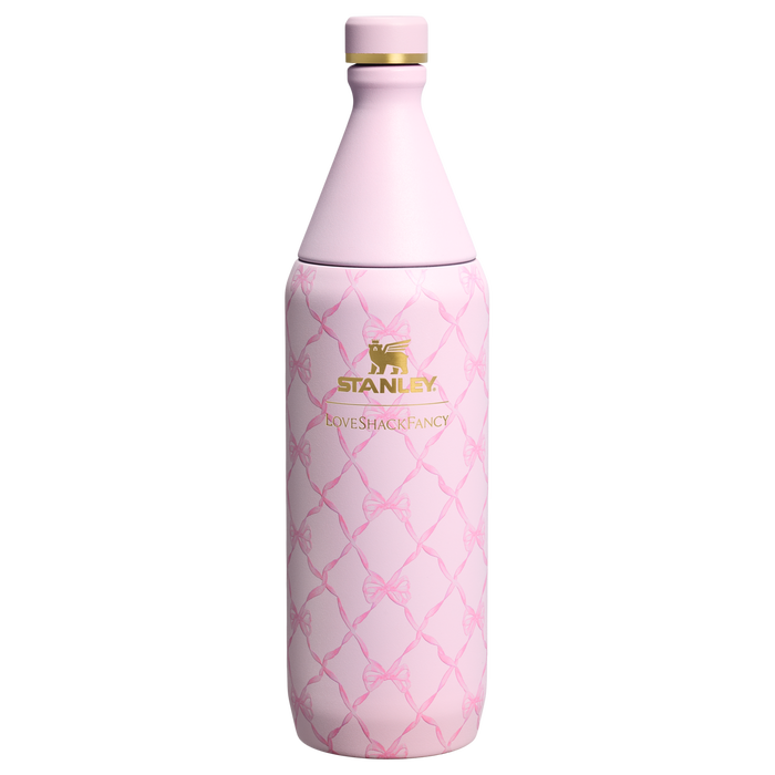 Stanley 1913 Stanley 1913 x LoveShackFancy Holiday All Day Slim Bottle 34 OZ in Baby Bow Pink Peppermint | Front View