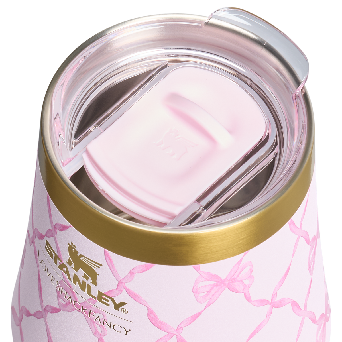 Stanley 1913 Stanley 1913 x LoveShackFancy Holiday Reserve All Day Wine Set 34 OZ 11 OZ in Baby Bow Pink Peppermint | Lid Detailed View